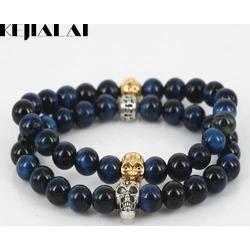 KEJIALAI High Quality Beaded Skull Head Men Charm Stretch Bracelet Natural 8mm Lapis Lazuli Round Stone Beads Women Bracelet