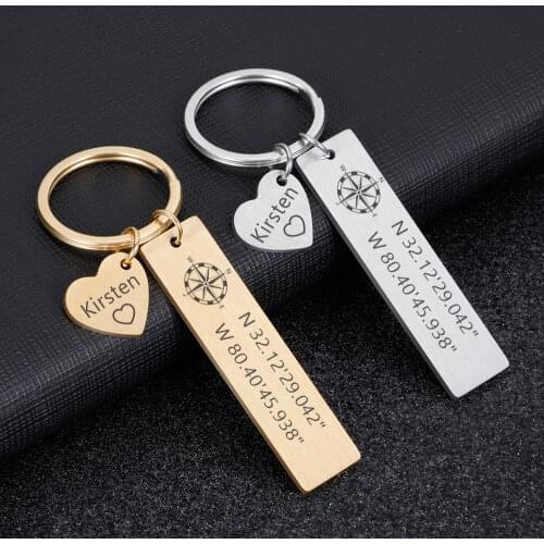 Custom Keychain Personalized Gift Engrave Name and Latitude Key Chain Accessories for Couples Men Women Husband Gift Keyring