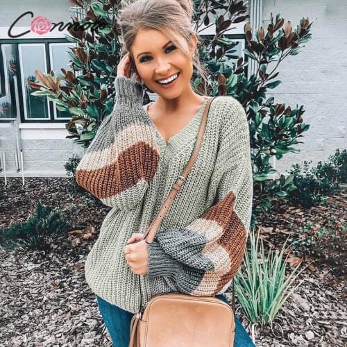 Conmoto Fashion Striped V Neck Pullover Women 2019 Autumn Winter Gray Long Sleeves Sweater Female High Street Loose Mujer Jumper