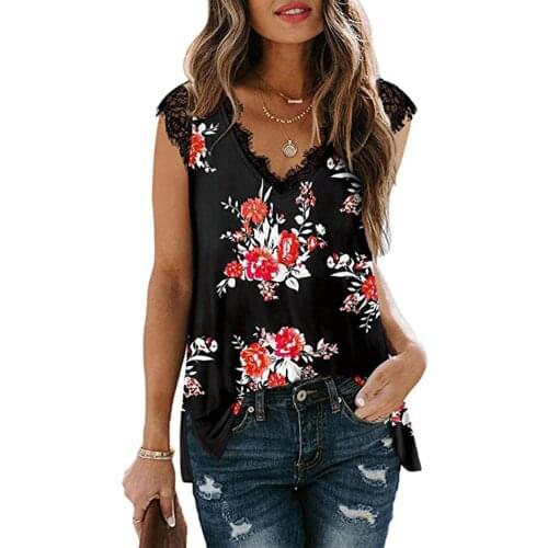 Lace V-Neck Womens Tee Shirts Open Shoulder Flowers Prints Womens Tank Top Sleeveless T-Shirt Ladies Summer Casual Basic Tops