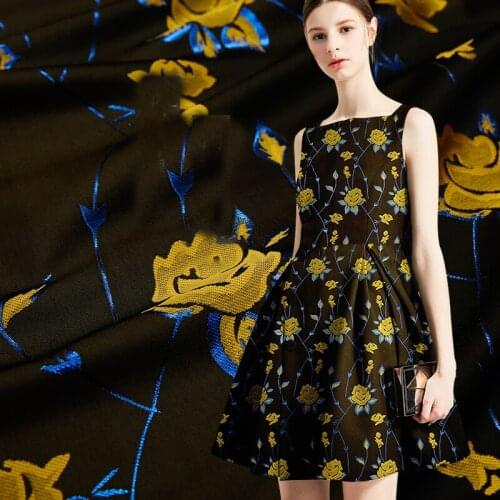 HLQON imported gold line top grade yarn dyed brocade jacquard yellow fabric for dress women cloths tissue patchwork