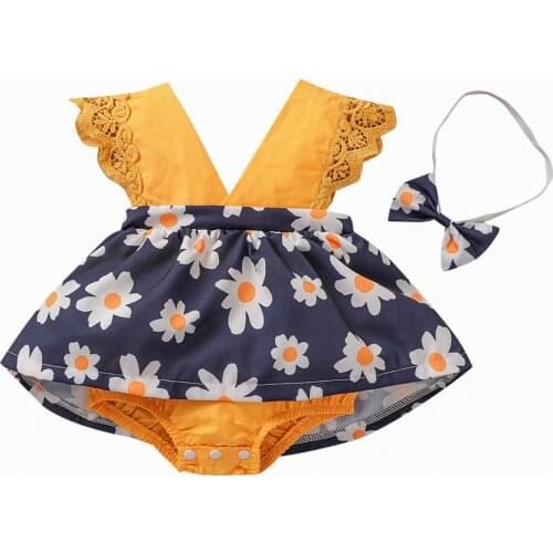 2Pcs Toddlers Summer Outfits Splicing Floral Print V-Neck Lace Sleeves Dress Rompers + Headband for Baby Girls