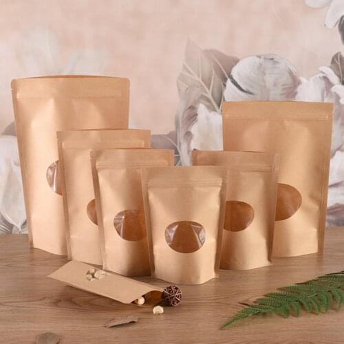 50Pcs/lot Kraft Paper Bag with Ellipse Shape Window Zip lock Empty Food Fruit Tea Gift Package Stand up Bags Customizable logo