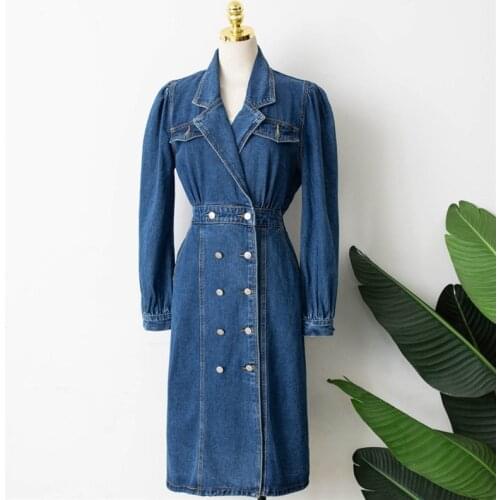 4XL New Spring Autumn Women Dress Long Sleeve Double Breasted Denim Dress Female Vintage Slim Mid Long Jeans Dresses