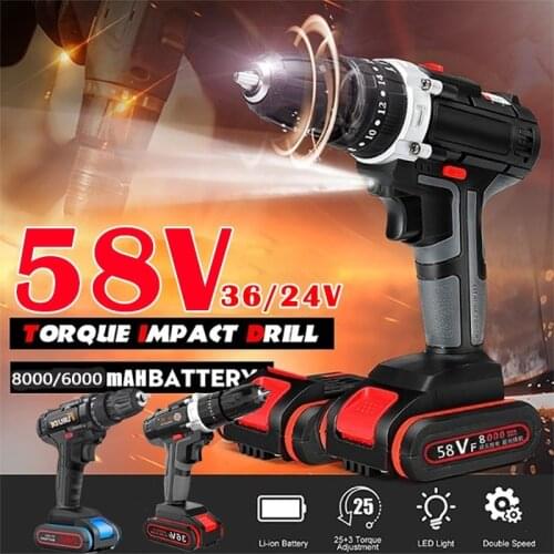 58/36/24V Cordless Screwdriver Electric Screwdriver Cordless Drill Power Tools Handheld Drill Lithium Battery Charging+Battery