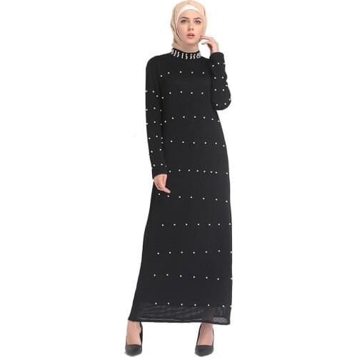 Stretch Elegant Adult Black Long Dress Beading Straight Party Evening Long Dress Dubai Muslims Women Dresses Islamic Dress LR192