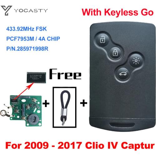YOCASTY 285971998R Keyless Smart Key PCF7953M 4A Chip 433 MHZ For 2009 2010 2011 2012 2013 2014 2015 2017 Renault Clio IV Captur