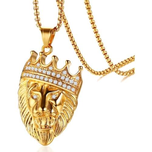 2021 Stainless Steel Jewelry Trendy Male Domineering Gold Lion Head Diamond Personalized Pendant Necklace Suitable For Men