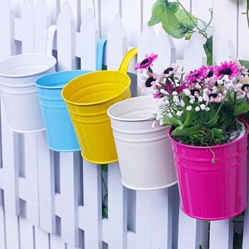 Iron Bucket Flower Pot with Hanging Hook Handle Small Garden Plant Vase Balcony Planters Window Flower Holders for Railing P15D