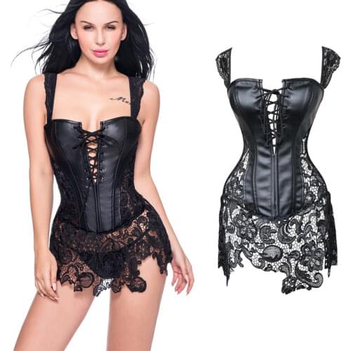Womens Sexy Corsets Faux Leather Steampunk Gothic Clothing Long Fashion Black Green Corset Lace Up Bustier Overbust Plus Size