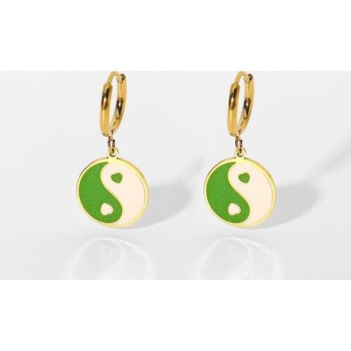 Green Stainless steel hoop earrings colorful Heart Tai Chi enamel jewelry 18K gold-plated yin and yang women earrings