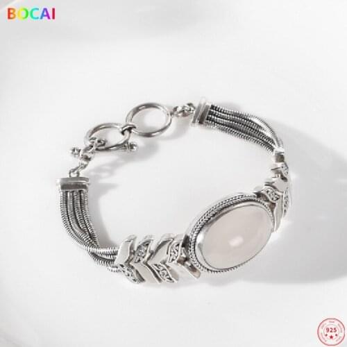 BOCAI S925 Sterling Silver Charm Bracelet 2021 White Chalcedony Retro pattern Bangle Pure Argentum Hand String Jewelry for Women