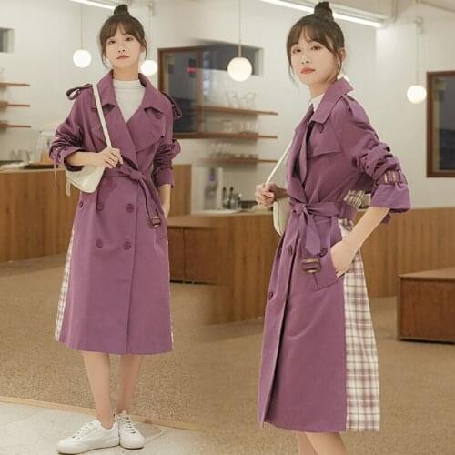 2020 Fashion Autumn And Winter Loose Lapel Plaid Long-sleeved Coat Free Shipping Trench Real Shot Purple Patchwork