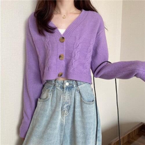 Womens Knitting Cardigan Twist Texture Retro Buttons Long Sleeves V-neck Pure Color Sweater Wholesale 2021 New Female Clothes