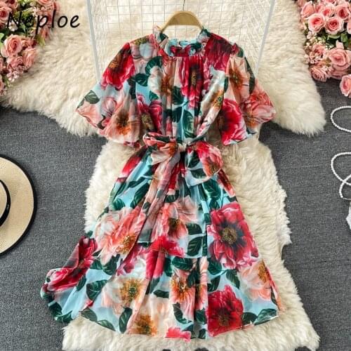 Joinyouth Woman Dress Flare Sleeve Flower Print Robe Slim Waist Bodycon Womens Dress Bandage Summer Ruffled Vestidos De Mujer