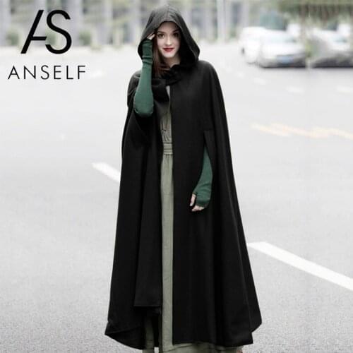 Anself Plus Size Women Poncho Casual Winter Cloak Hooded Sleeveless Button Closure Long Cape Costume Cosplay Outerwear