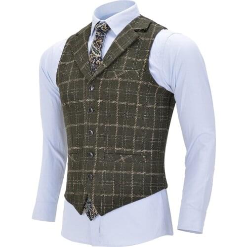 Mens Business Plaid Wool Army Green Vest Single-breasted Cotton Suit Vest Waistcoat For Wedding Formal Vest Groomsmen