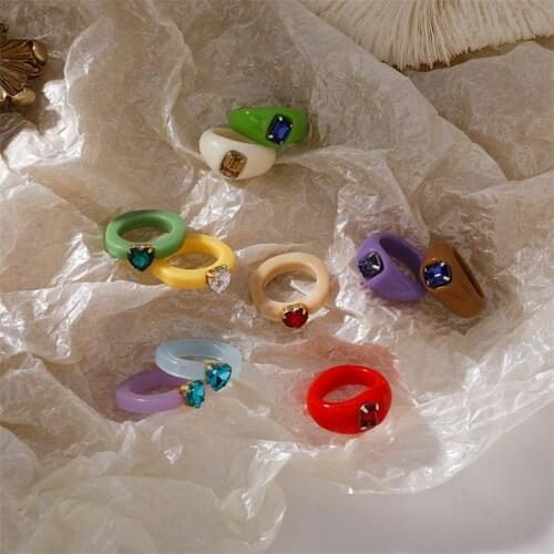 17-18MM 2021 New Colourful Transparent Resin Acrylic Rhinestone Geometric Square Round Rings for Women Jewelry Birthday Gifts