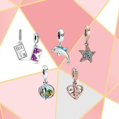 2021 High Quality Brand New S925 Sterling Silver Glittering Dolphin Charm Shining Starfish Beach Parrot Jewelry Female Fashion