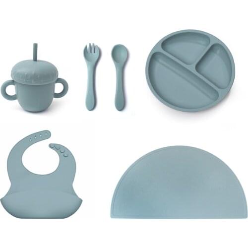 6pcs/set BPA Free Baby Silicone Tableware Waterproof Bib Silicone Feeding Set Towel Solid Color Suction Bowl Spoon For Children