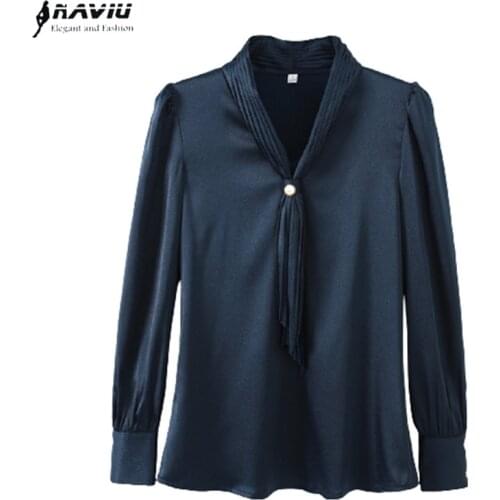 Navy Blue Chiffon Shirt Women V Neck Design 2021 Spring New Fashion Temperament Satin Long Sleeve Blouses Office Ladies Work Top