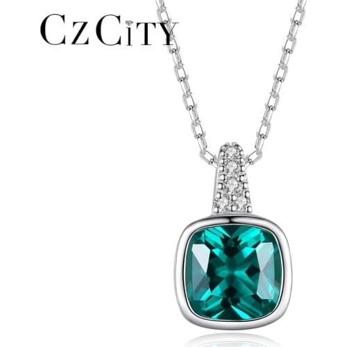 CZCITY Square Pendant Necklace Real 925 Sterling Silver Fine Jewelry for Women Dating Party Christmas Gifts Accessories SN588