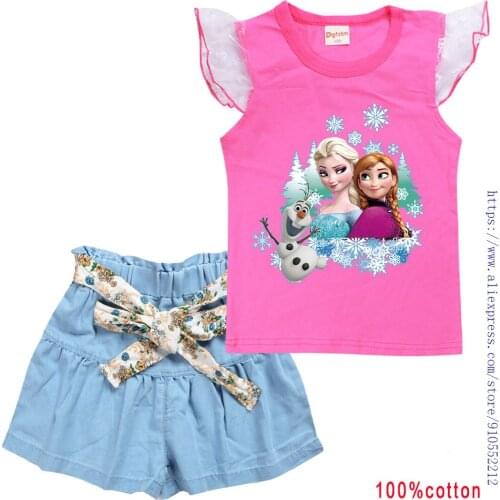 Disney Summer Cartoon Elsa Anna Girls Clothes Sets Baby Girls Cotton Frozen T Shirts +Jeans 2Pcs Suits Girls Clothes For 2-15T