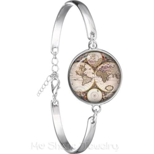 Globe Map Of The World New Retro Bracelet World Travel Curved Glass Adventurer Silver Plated Bangle Gift For Friends