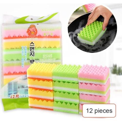 12pcs/bag kitchen dish washing sponge block scouring pad sponge cleaning block double-sided strong decontamination wash pot wipe