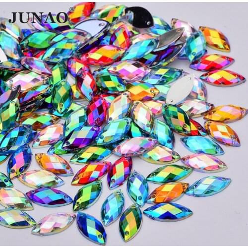 JUNAO 100pcs 7*15mm Horse Eye Sew On Rhinestones Flatback Colorful AB Crystal Acrylic Strass Sewing Stones for Needlework Craft