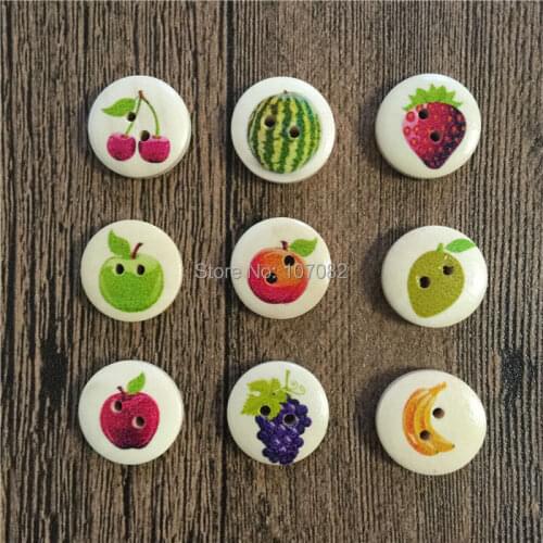 1000pcs Fruits Patterns Mixed Wood Natural Buttons 15mm 2 Holes Round Sewing Button Embellishments Craft Scrapbook Cardmaking