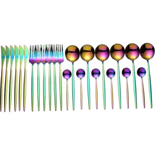 Lingeafey 24 Pcs Cutlery Set Stainless Steel Forks Knives Spoons Cutlery Rainbow Kitchen Dinner Set Dinnerware Set Gift Box