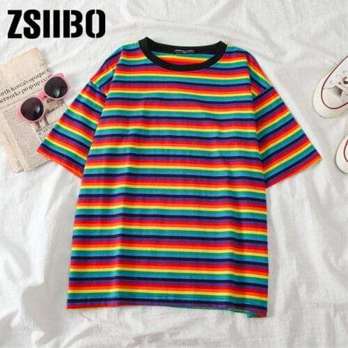 Sweet Rainbow Stripe Women Summer T-Shirt Minimalist Short Sleeve Women clothes Vogue Tops tee shirt couple clothes tshirt top