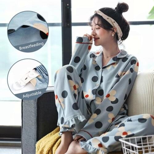 New Cotton Spring Autumn Prenatal+Postpartum Sleepwear Breast-Feeding Pajamas Set Flower Print Long Sleeve Maternity Pajamas Set