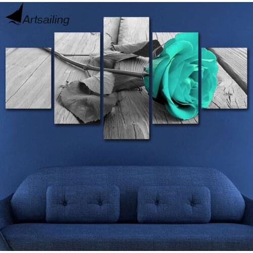 Posters Wall Painting Art Home Decor Modern 5 Panel Flower Blue Blossom Rose HD Print Painting Modular Pictures Canvas