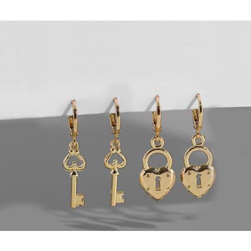 2021 New Fashion Lock Key Pendant Hoop Earrings Female Vintage Gold Metal Padlock Hanging Earrings for Women Party Jewelry