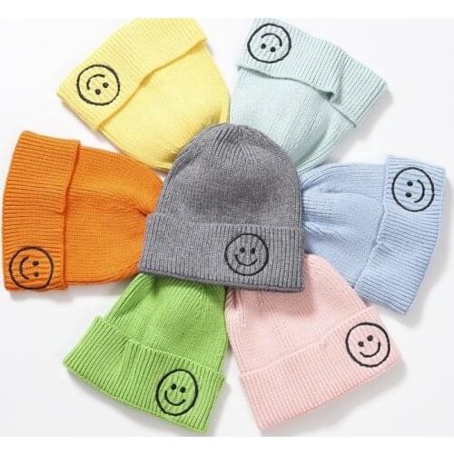 KENSHELLEY Simple Cheap Custom Adults Hats Adults Candy Color Cute Beanies Adults Solid Plain Smile Pattern Knitted Beanie HatsH