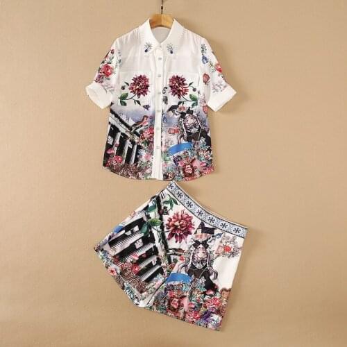 European and American womens wear 2021 new style Short sleeved shirt beaded lapels Architectural floral print shorts suits