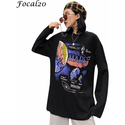 Focal20 Streetwear Planet Letter Print Women T-shirt O-Neck Long Sleeve Spring Autumn Female T Shirt Casual Tee Top