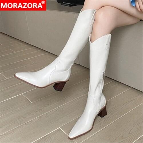 MORAZORA 2021 New Hot Sale Knee High Boots Top Quality Winter Women Boots Thick High Heels Square Toe Solid Color Ladies Shoes