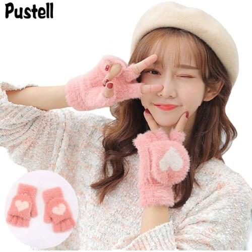 Women Knitted Gloves Fingerless Mittens Winter Warm Ladies Pink Heart Wool Half Finger Gloves Mitten Female Hand Wrist Mittens