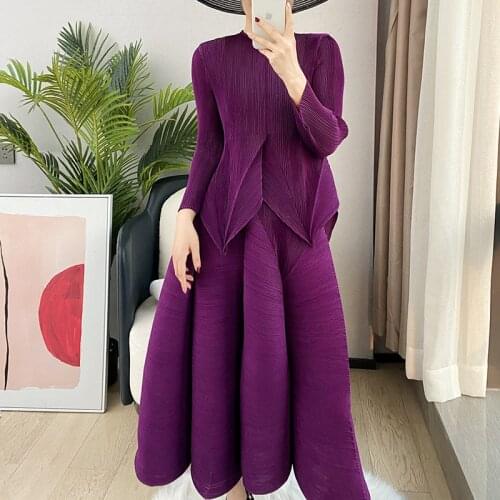Miyak Pleated Women Fashion 2 Piece Set Irregular T-shirt Top Loose Midi Skirts Solid Color Plus Size Casual Female Clothes Set