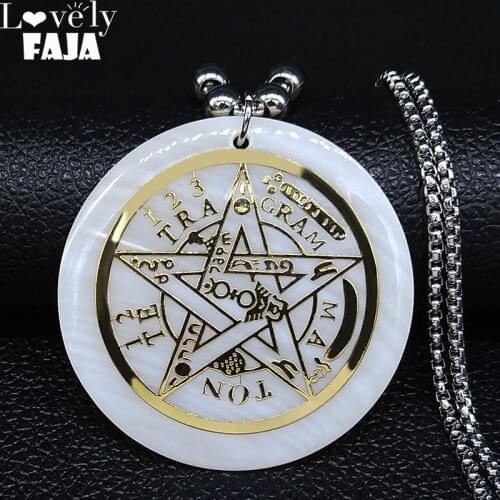 2021 Witchcraft Pentagram Shell Stainless Steel Long Necklace for Women Gold Color Statement Necklace Jewelry collar mujer N2008
