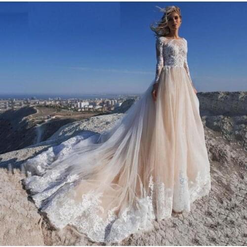 2021 Champagne Beach Ball Gown Dress Long Sleeves Boho Lace Bridal Gowns Robe de Mariage For Women Lady Custom Made Wedding
