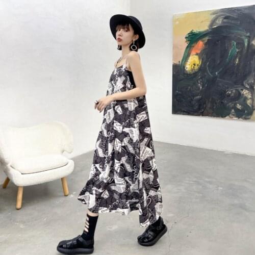 210532 Women Black Pattern Printed Long Spaghetti Strap Dress New Sleeveless Loose Fit Fashion Tide Spring Summer 2021