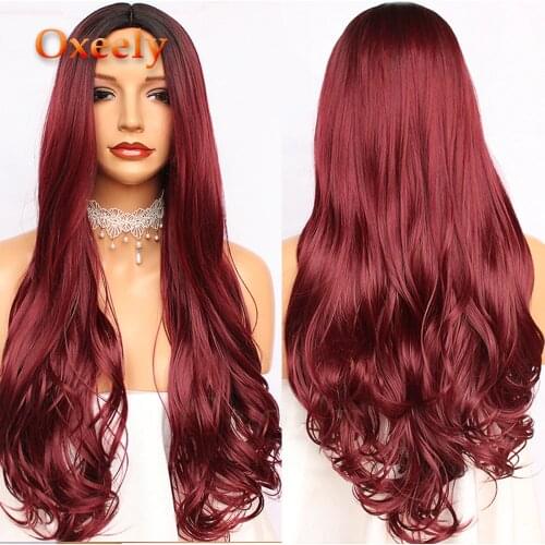 Oxeely Burgundy Long Wavy Hair Synthetic Hair Full Wig Red Natural Body Wave None Lace Wig Heat Resistant Deep Parting for Women