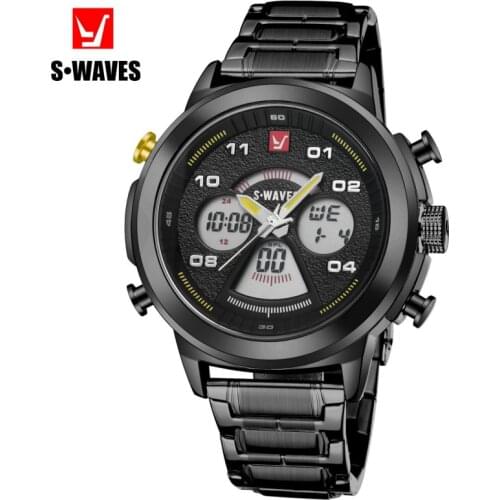 Swaves brand sports car element leisure electronic dual display watch multi function Waterproof Black Stainless Steel Band Watch