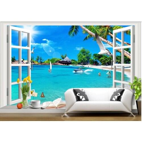 Custom mural on the wall paper 3d Blue sky sea beach window scenery background home decor photo wallpaper in the living room