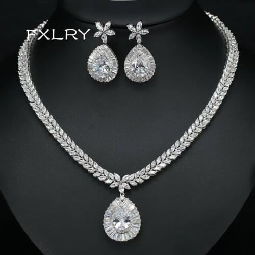 FXLRY New Design Luxury White Color Cubic Zircon Geometric Flower Crystal Necklaces Earrings Wedding Jewelry Sets Multicolor Op