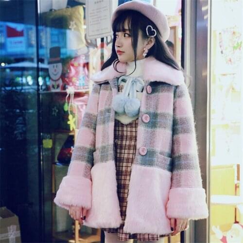 KEQI BOBON21 Princess sweet lolita student coat Pink stuffed lamb wool warm coat Gray Pink Plaid C1432